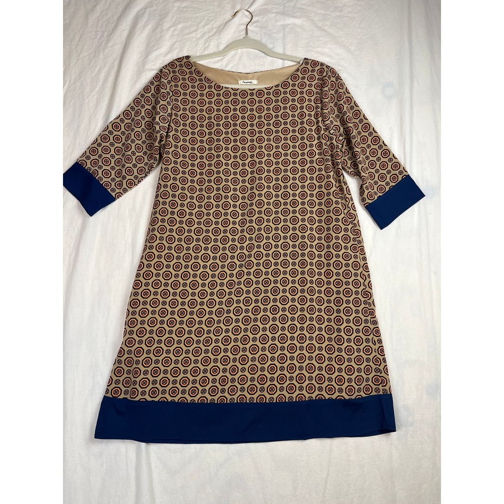 Caramela Geometric Medallion Print Shift Dress Navy Tan Orange 3/4 Sleeve USA